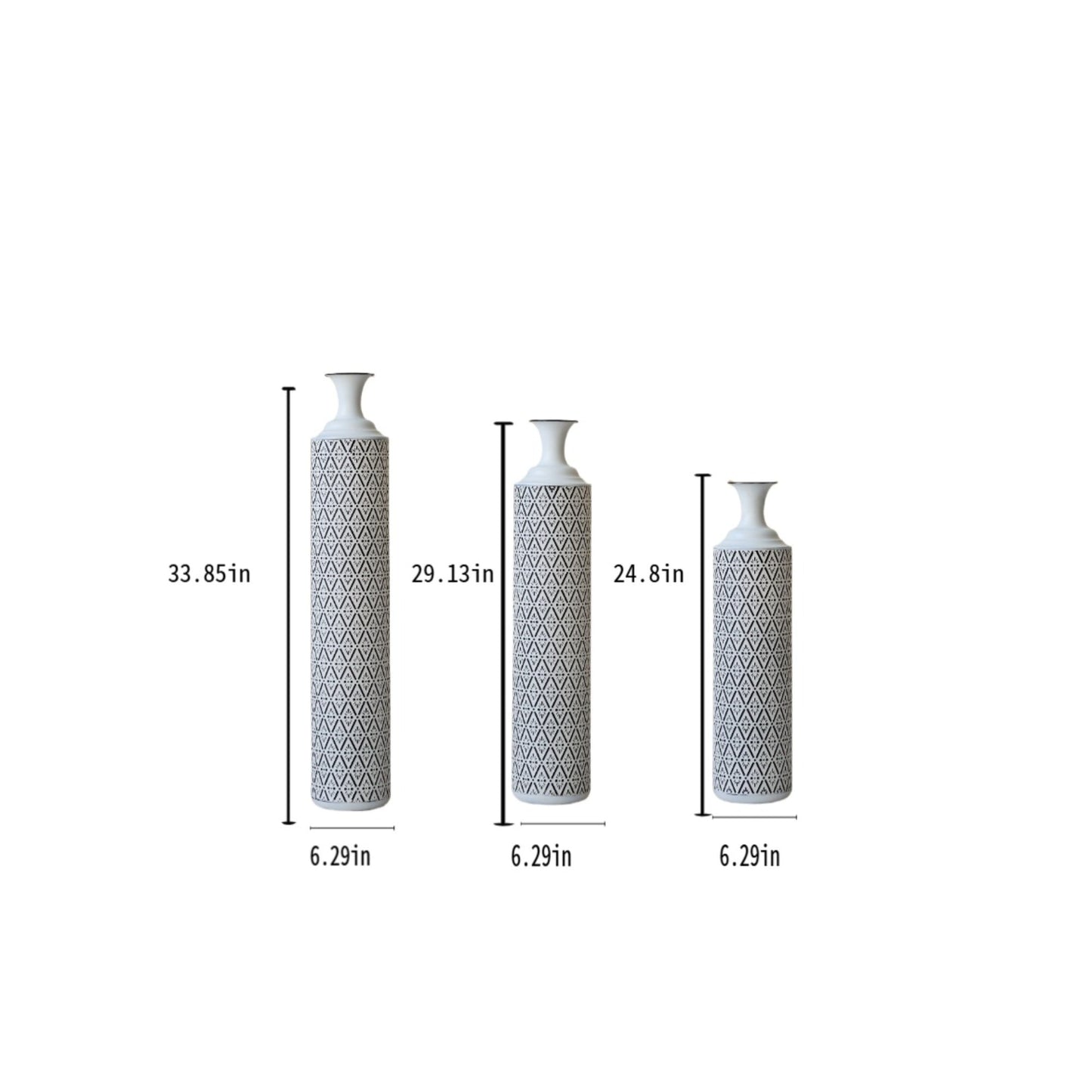 Modern Floor Vase Set – White & Black Metal Vases with Geometric Pattern – 3-Piece Home Decor Set in 24.8 in, 29.13 in & 33.85 in Heights