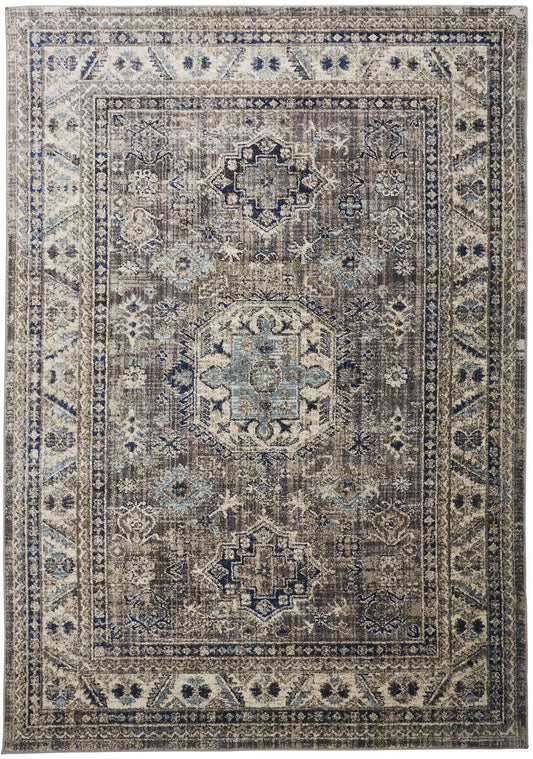 8' X 11' Taupe Gray And Blue Floral Stain Resistant Area Rug