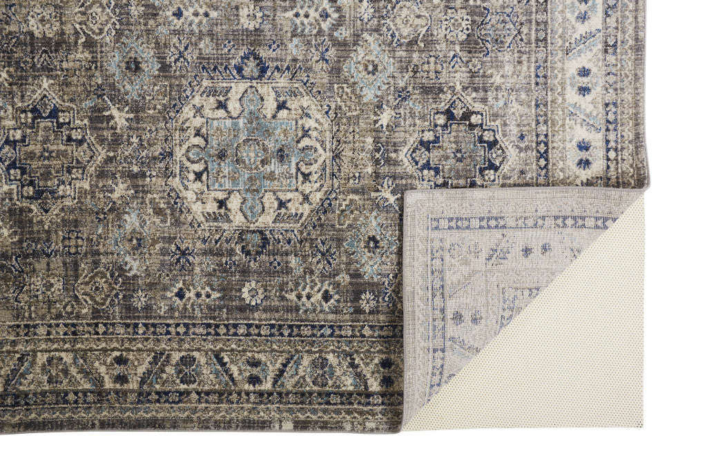 8' X 11' Taupe Gray And Blue Floral Stain Resistant Area Rug