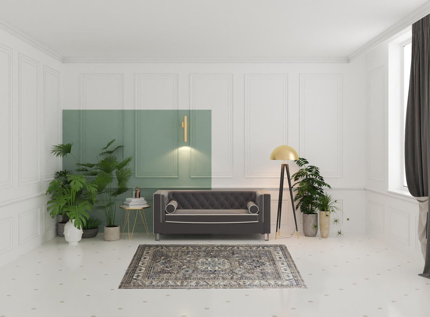 8' X 11' Taupe Gray And Blue Floral Stain Resistant Area Rug