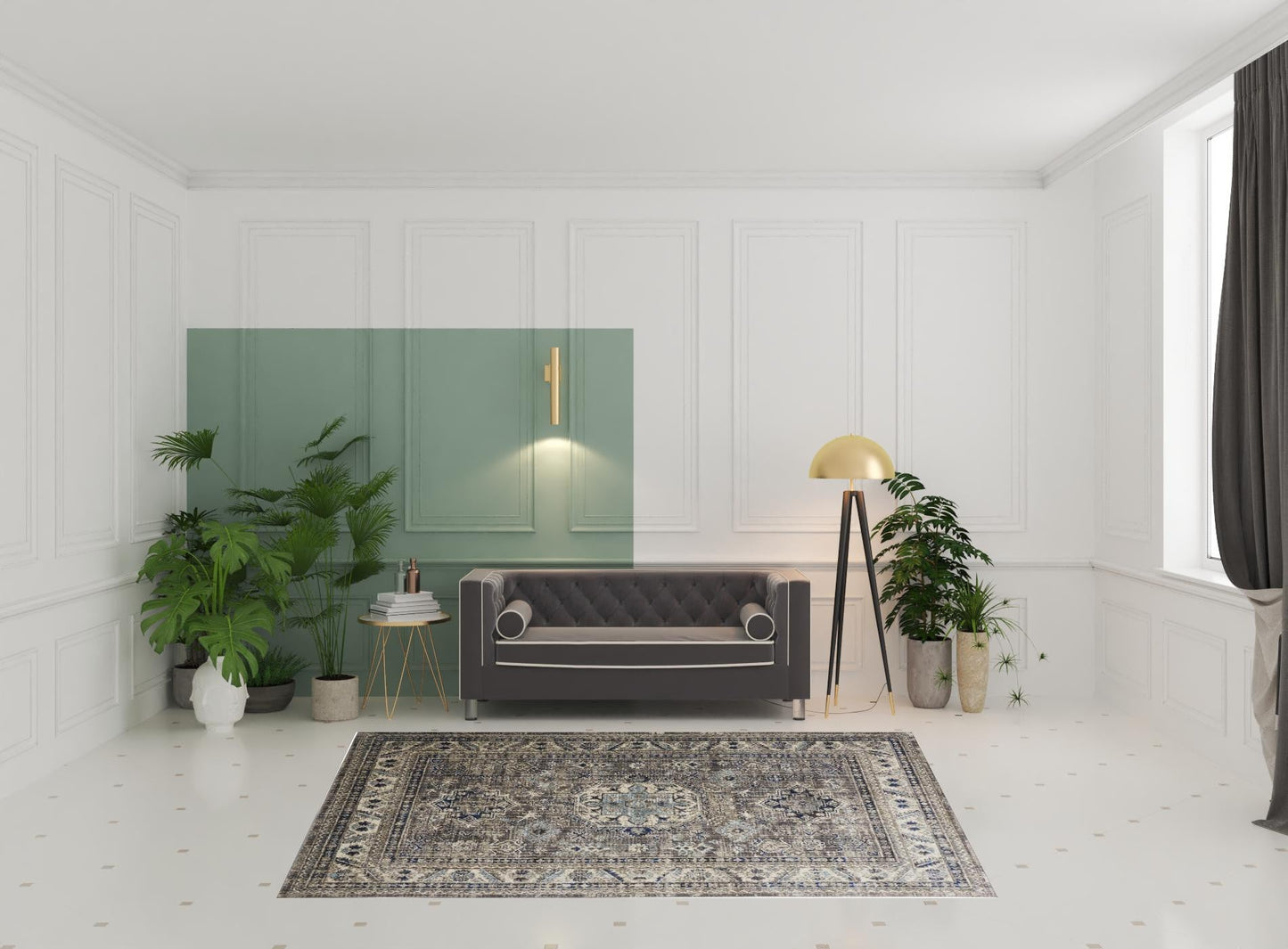 8' X 11' Taupe Gray And Blue Floral Stain Resistant Area Rug