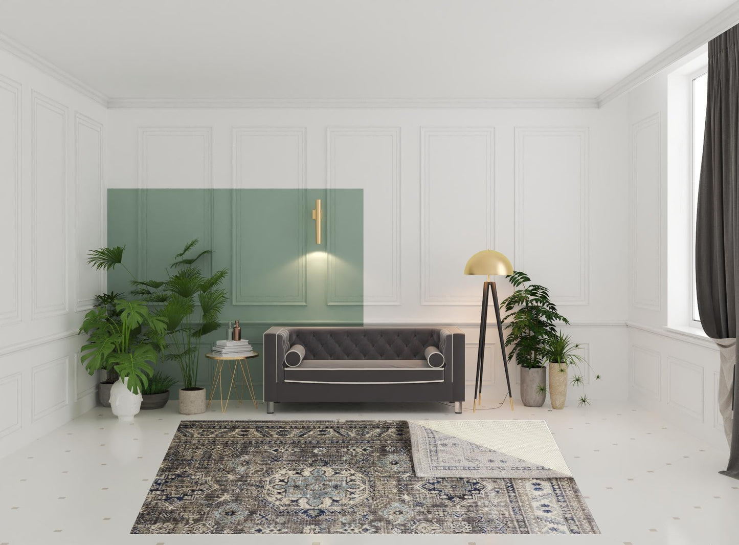 8' X 11' Taupe Gray And Blue Floral Stain Resistant Area Rug