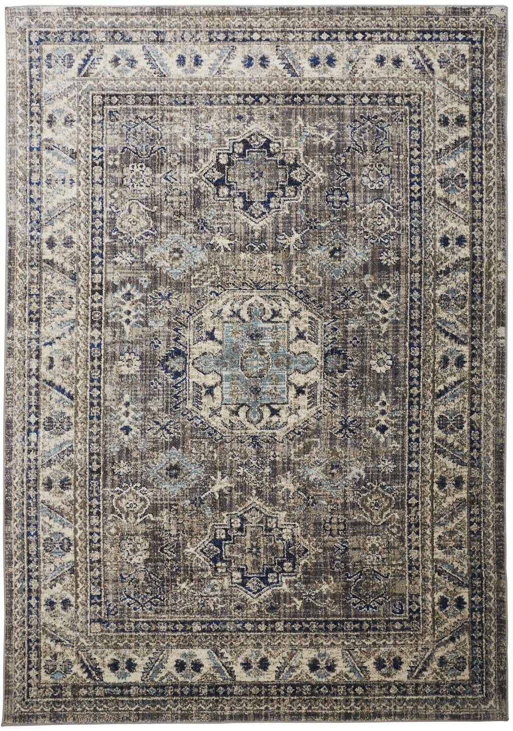8' X 11' Taupe Gray And Blue Floral Stain Resistant Area Rug