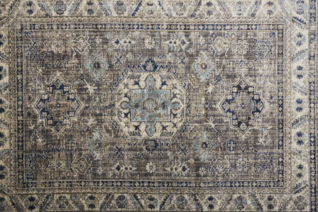 8' X 11' Taupe Gray And Blue Floral Stain Resistant Area Rug