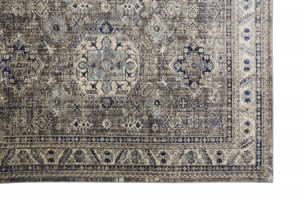 8' X 11' Taupe Gray And Blue Floral Stain Resistant Area Rug