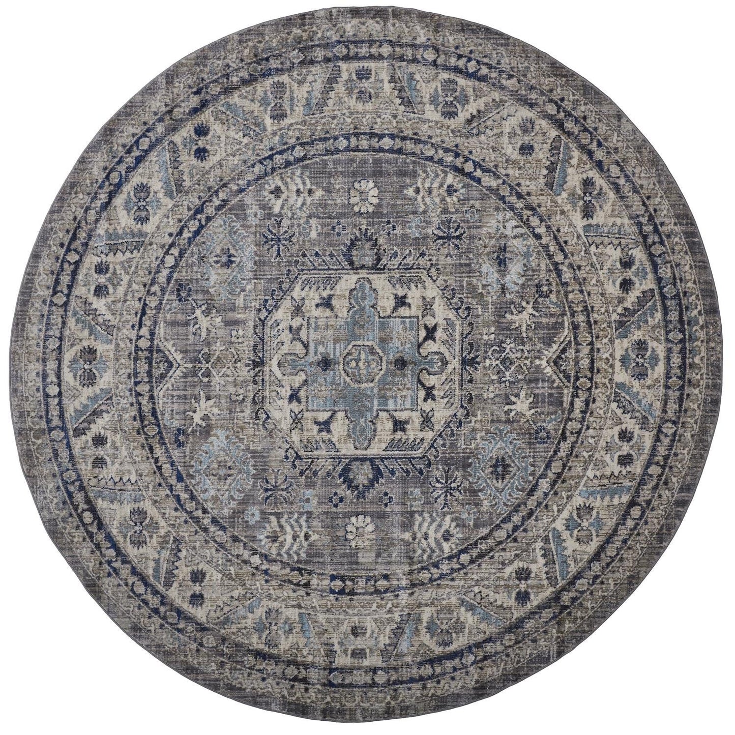 8' X 11' Taupe Gray And Blue Floral Stain Resistant Area Rug