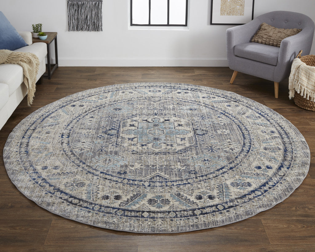 8' X 11' Taupe Gray And Blue Floral Stain Resistant Area Rug