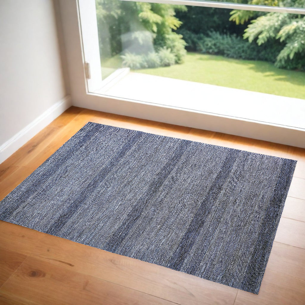 2' X 3' Blue And Gray Wool Striped Hand Knotted Area Rug