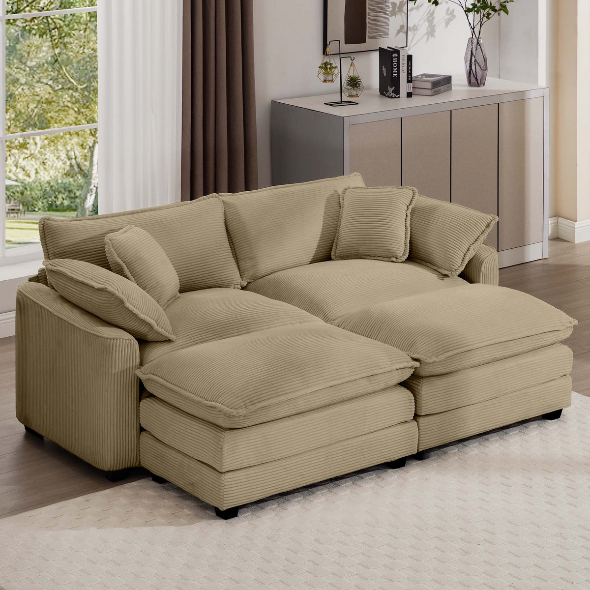 Corduroy Two-Seater Sofa with Ottoman