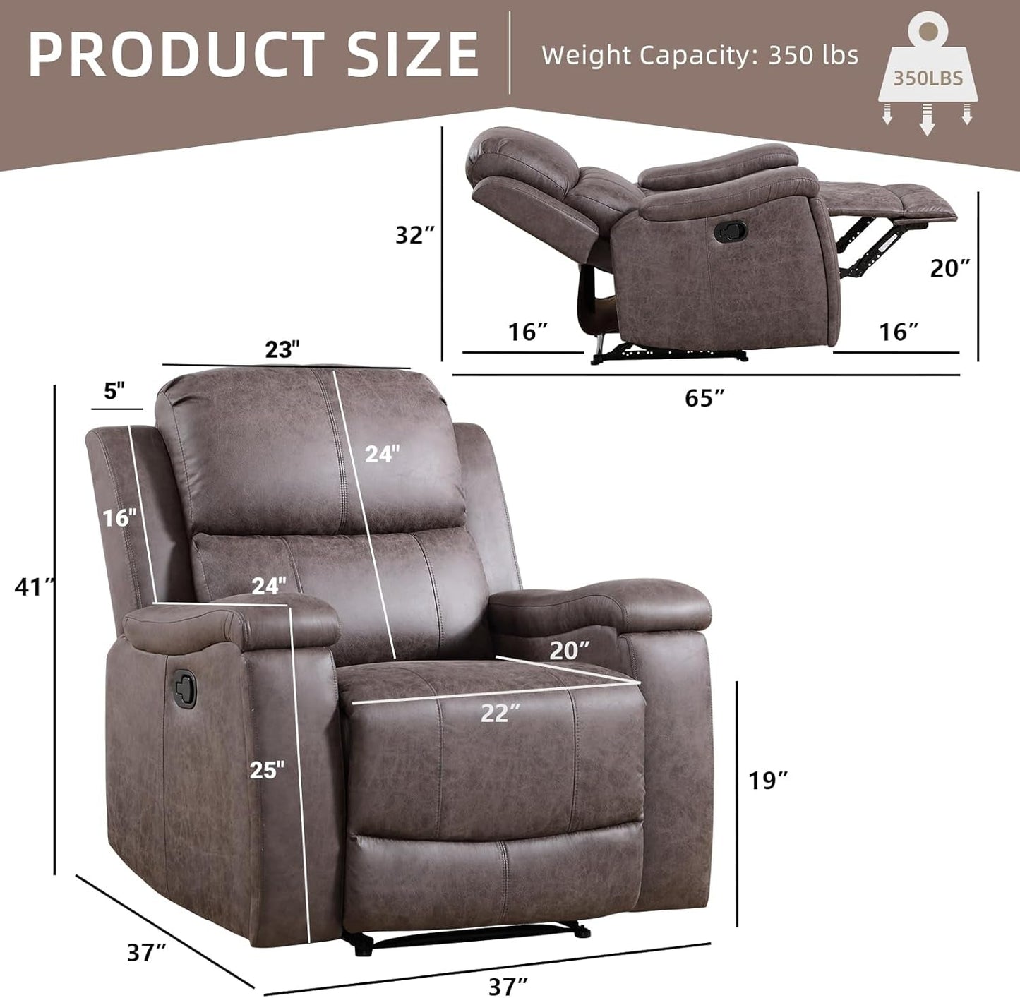Grey Full Grain Leather Manual Recliner With Cup Holders