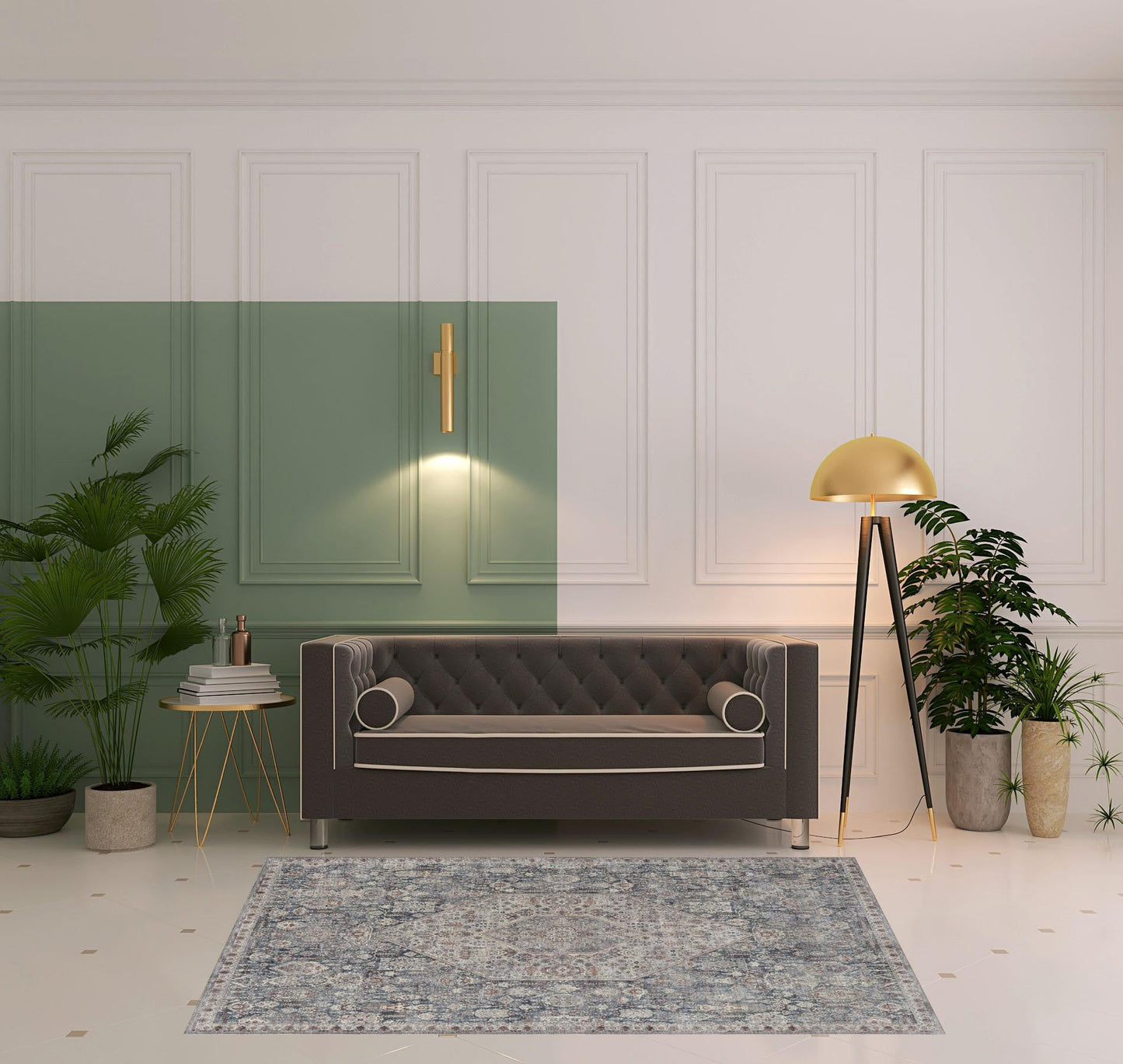 7' X 10' Blue And Ivory Floral Power Loom Stain Resistant Area Rug