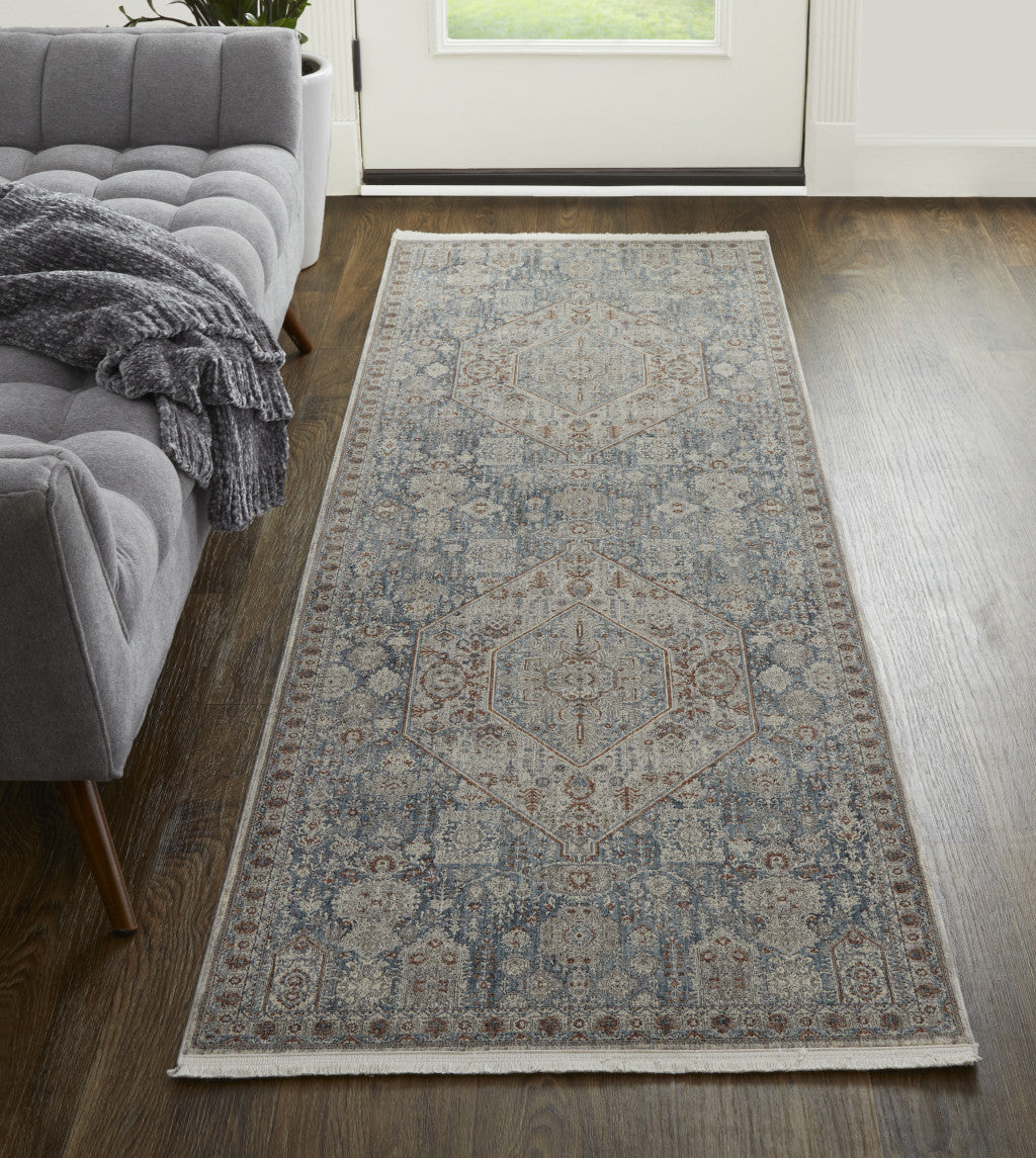 7' X 10' Blue And Ivory Floral Power Loom Stain Resistant Area Rug