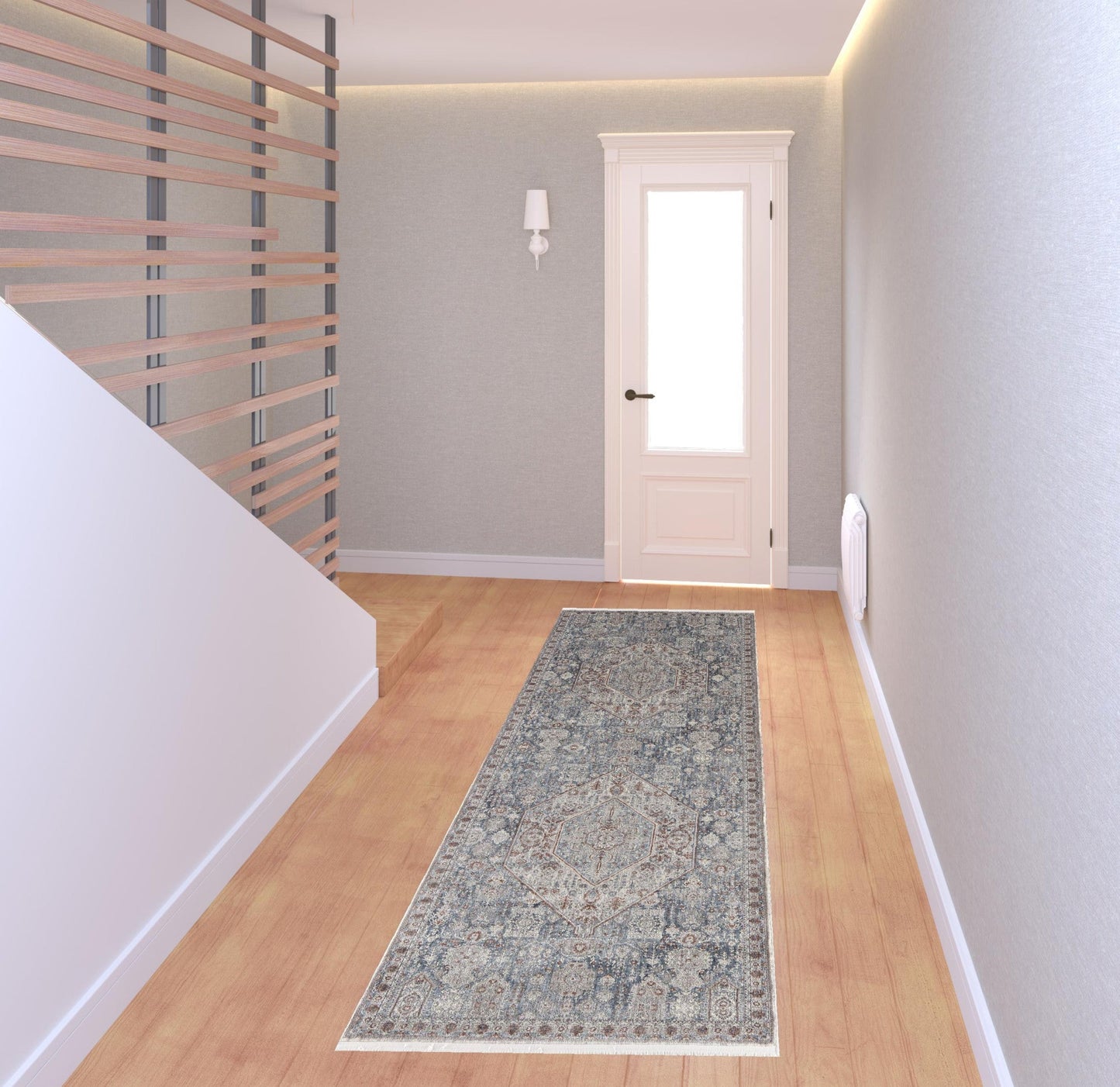 7' X 10' Blue And Ivory Floral Power Loom Stain Resistant Area Rug