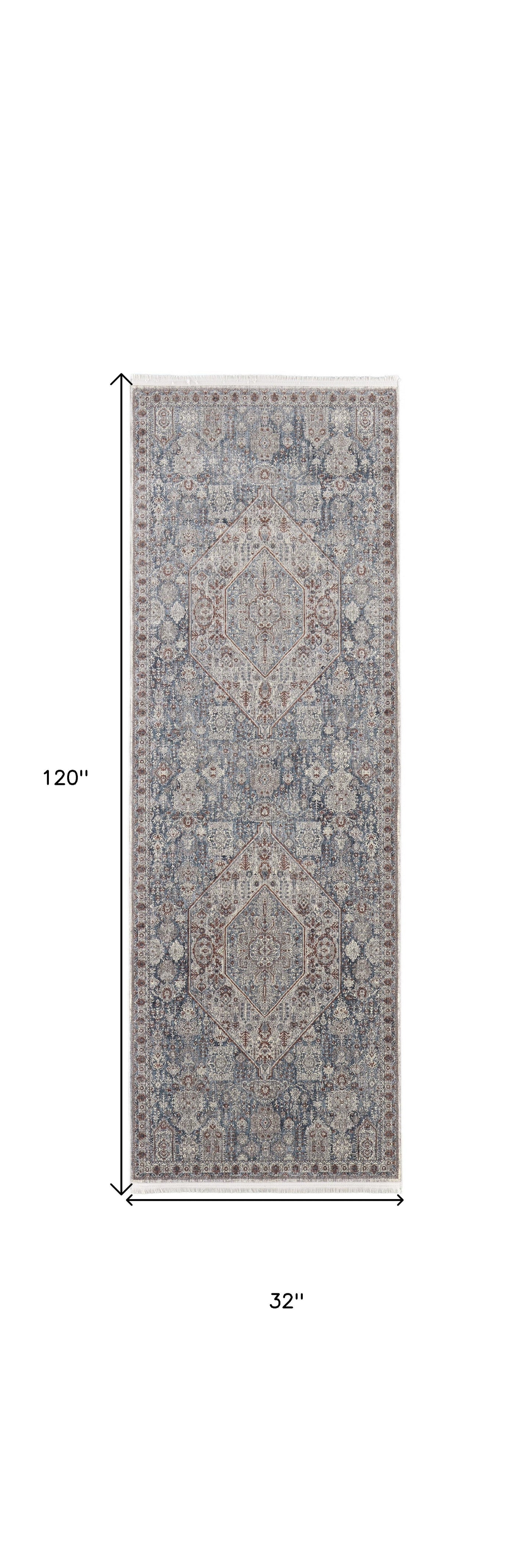 7' X 10' Blue And Ivory Floral Power Loom Stain Resistant Area Rug