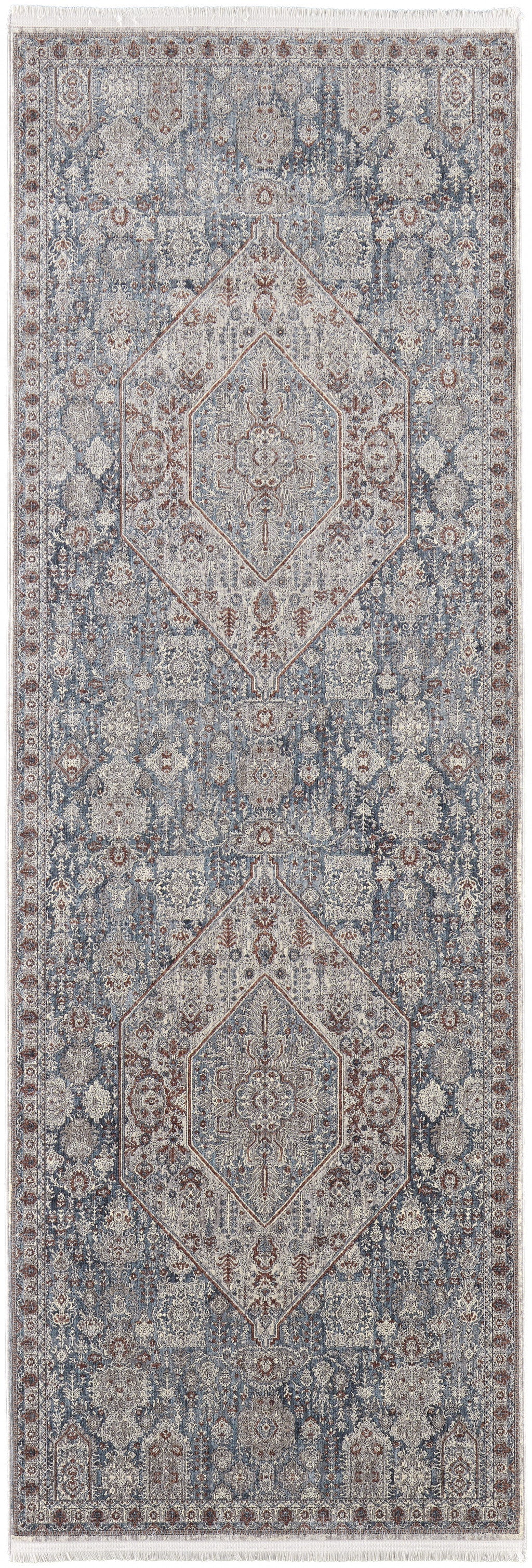 7' X 10' Blue And Ivory Floral Power Loom Stain Resistant Area Rug