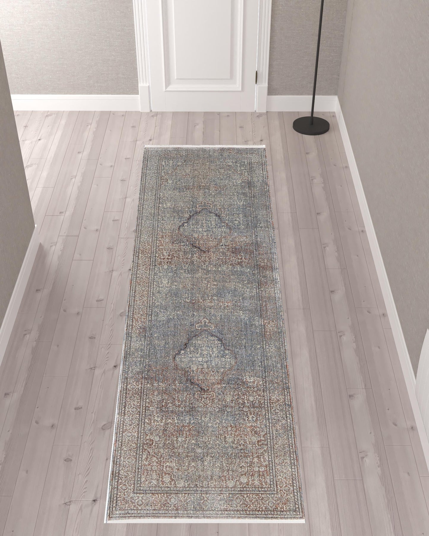 7' X 10' Blue Red And Gray Floral Power Loom Stain Resistant Area Rug