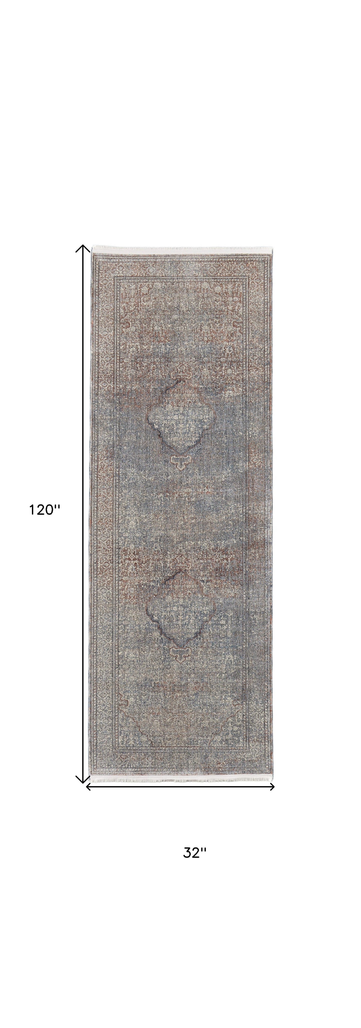 7' X 10' Blue Red And Gray Floral Power Loom Stain Resistant Area Rug