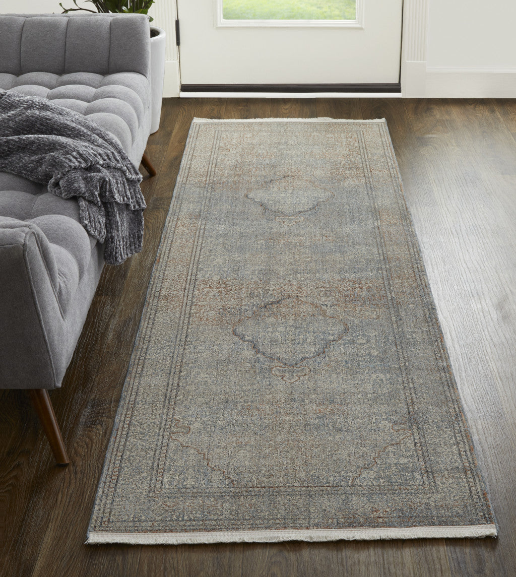 7' X 10' Blue Red And Gray Floral Power Loom Stain Resistant Area Rug