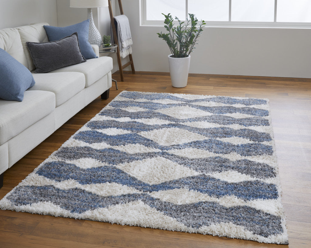 8' X 10' Ivory Gray And Blue Chevron Power Loom Stain Resistant Area Rug