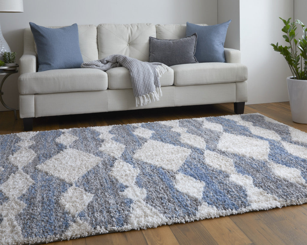 8' X 10' Ivory Gray And Blue Chevron Power Loom Stain Resistant Area Rug