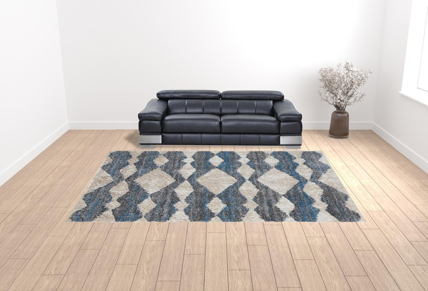 8' X 10' Ivory Gray And Blue Chevron Power Loom Stain Resistant Area Rug