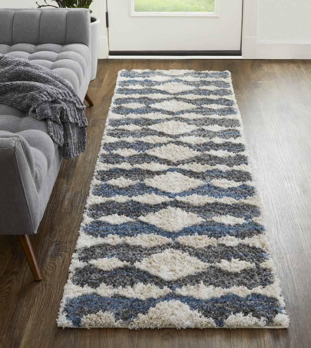 8' X 10' Ivory Gray And Blue Chevron Power Loom Stain Resistant Area Rug