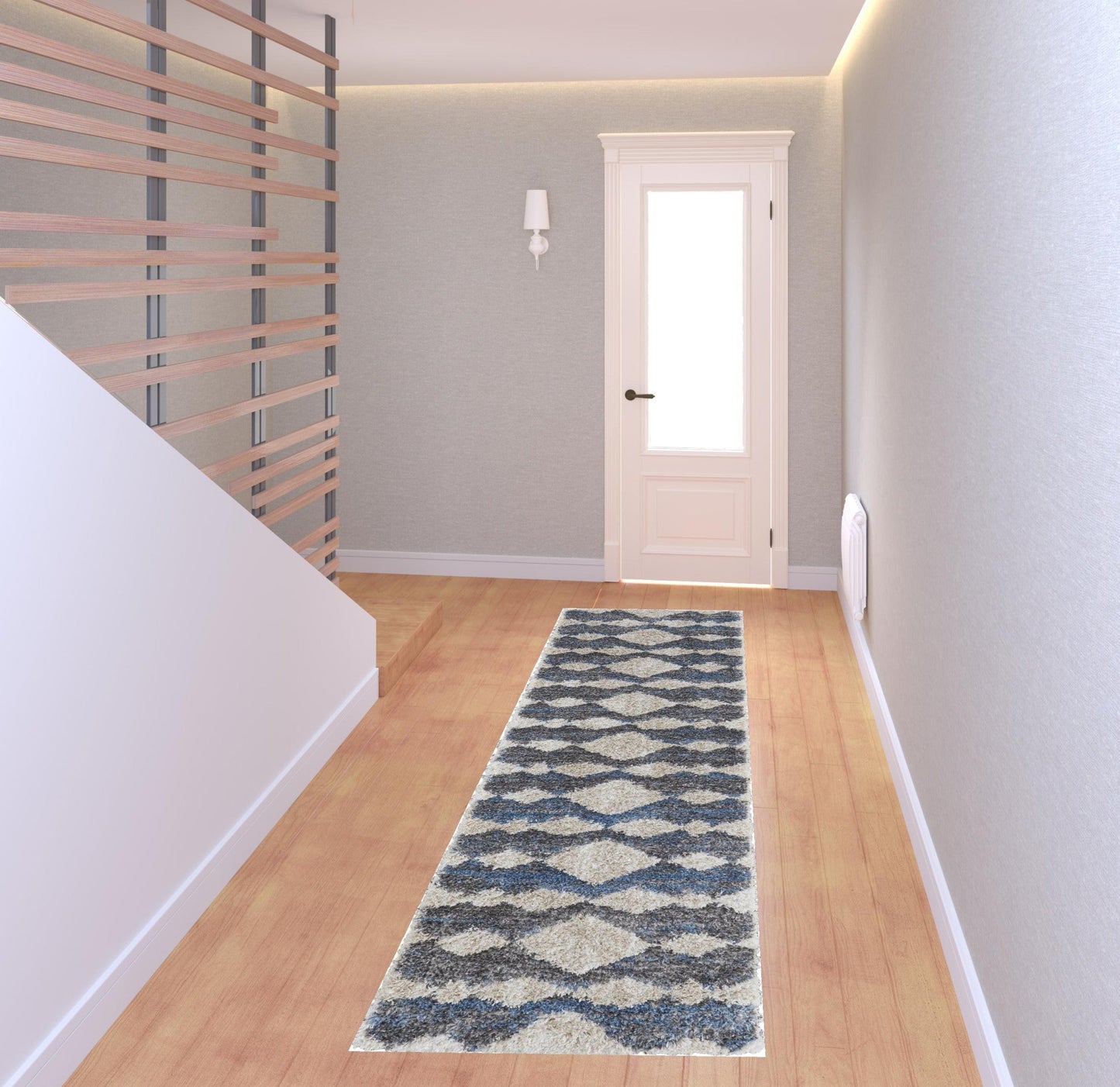 8' X 10' Ivory Gray And Blue Chevron Power Loom Stain Resistant Area Rug