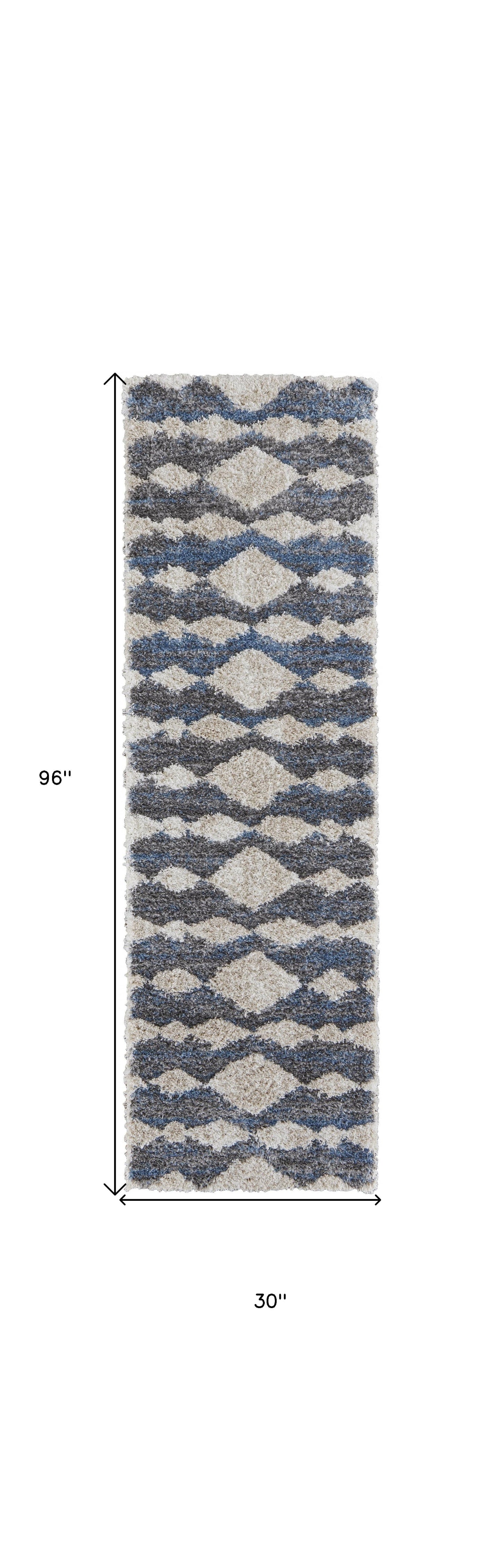 8' X 10' Ivory Gray And Blue Chevron Power Loom Stain Resistant Area Rug