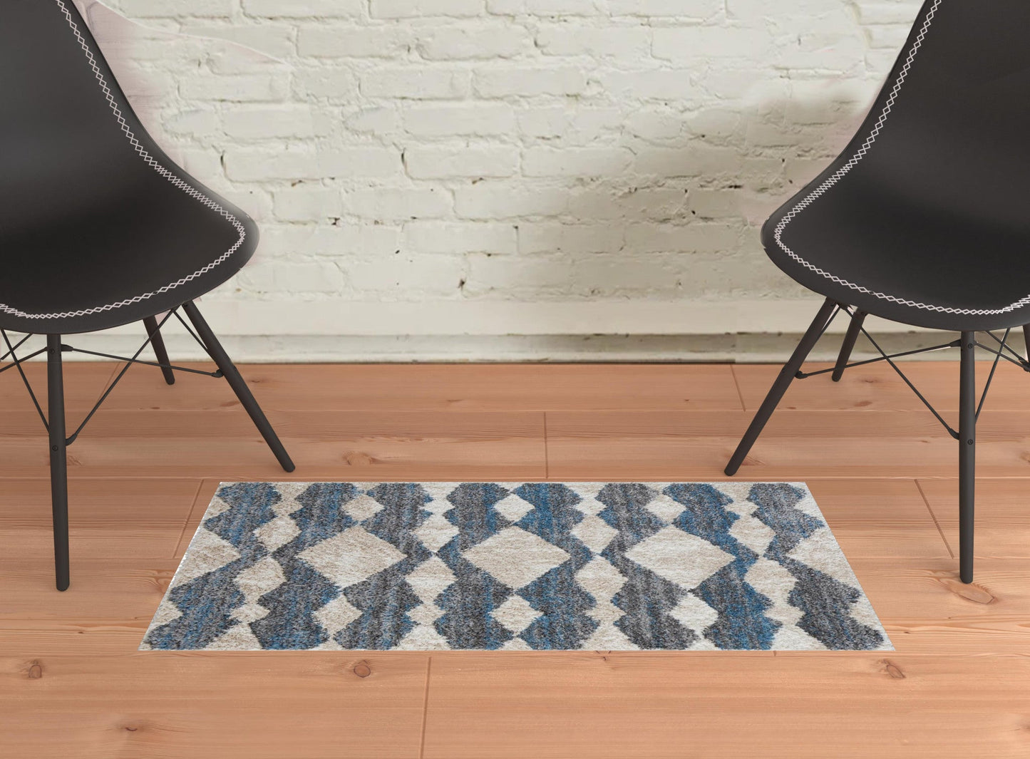 8' X 10' Ivory Gray And Blue Chevron Power Loom Stain Resistant Area Rug