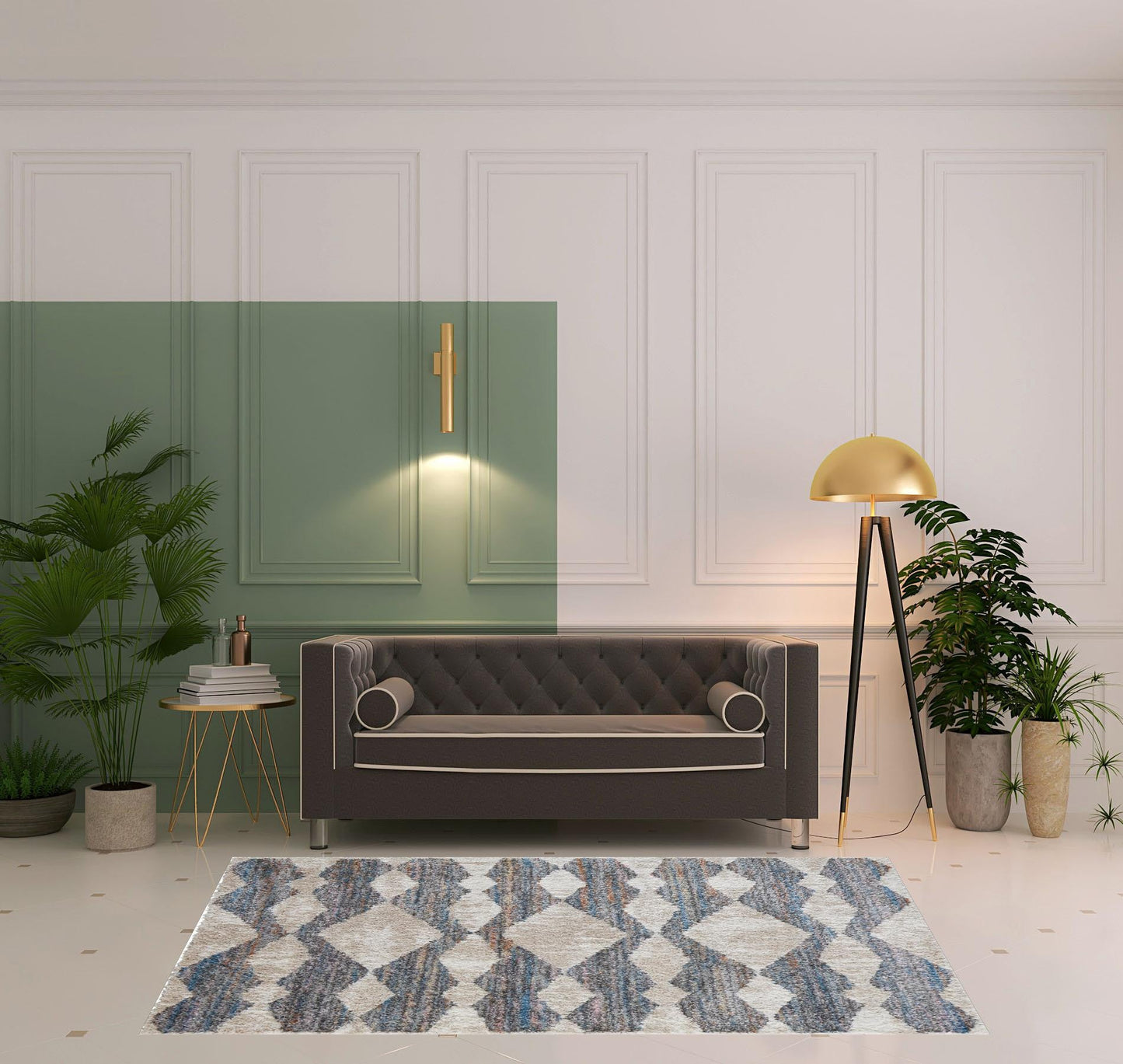 8' X 10' Ivory Gray And Blue Chevron Power Loom Stain Resistant Area Rug