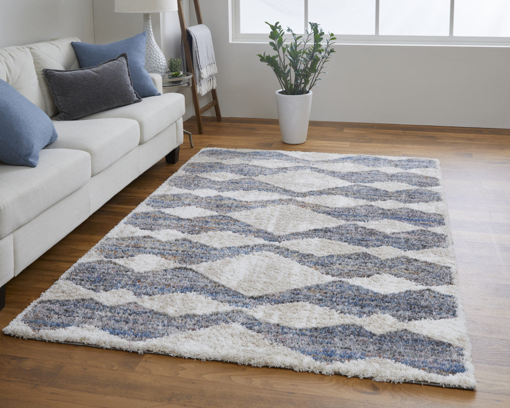 8' X 10' Ivory Gray And Blue Chevron Power Loom Stain Resistant Area Rug