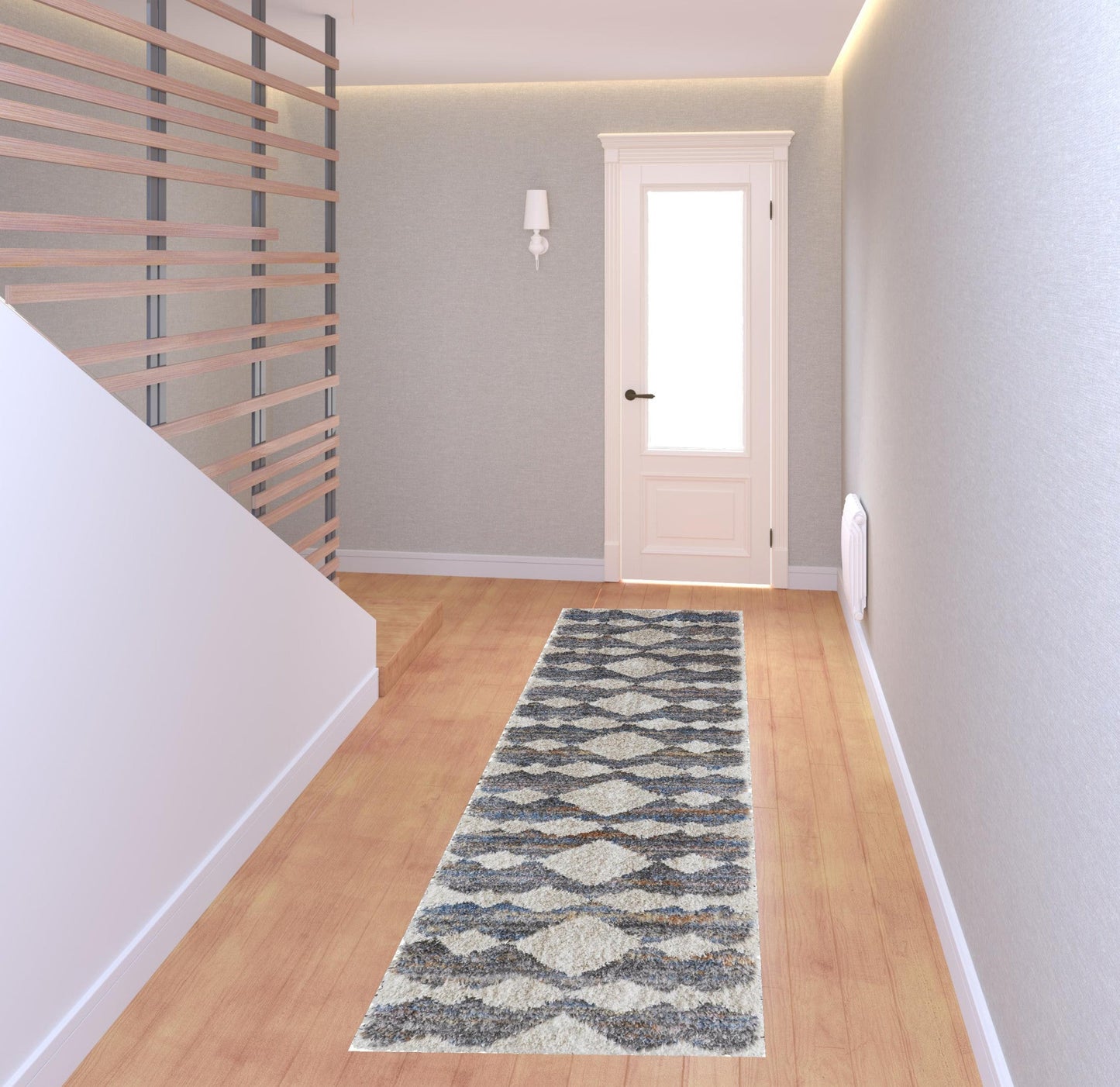 8' X 10' Ivory Gray And Blue Chevron Power Loom Stain Resistant Area Rug