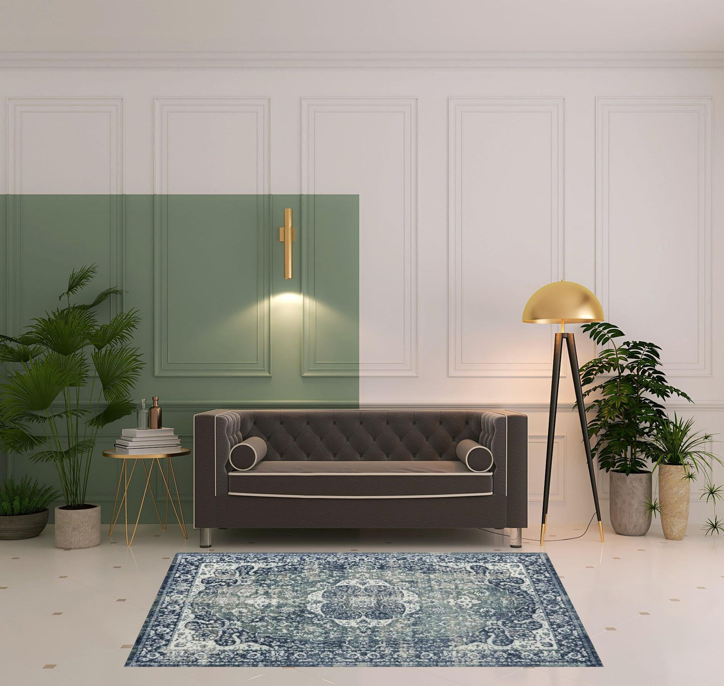 5' X 7' Blue Floral Stain Resistant Area Rug