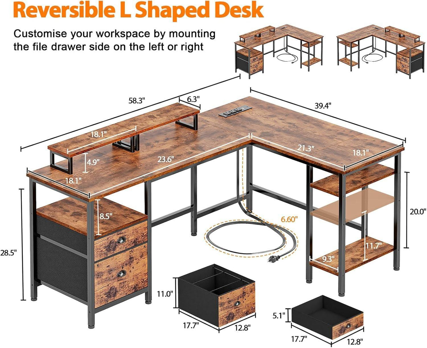 Fifty Nine Inch L Shaped Desk With Power Outlet And Storage Shelves