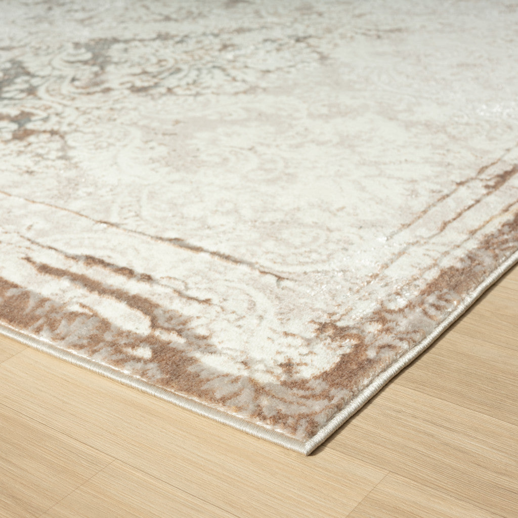 8' X 10' Cream Damask Stain Resistant Area Rug