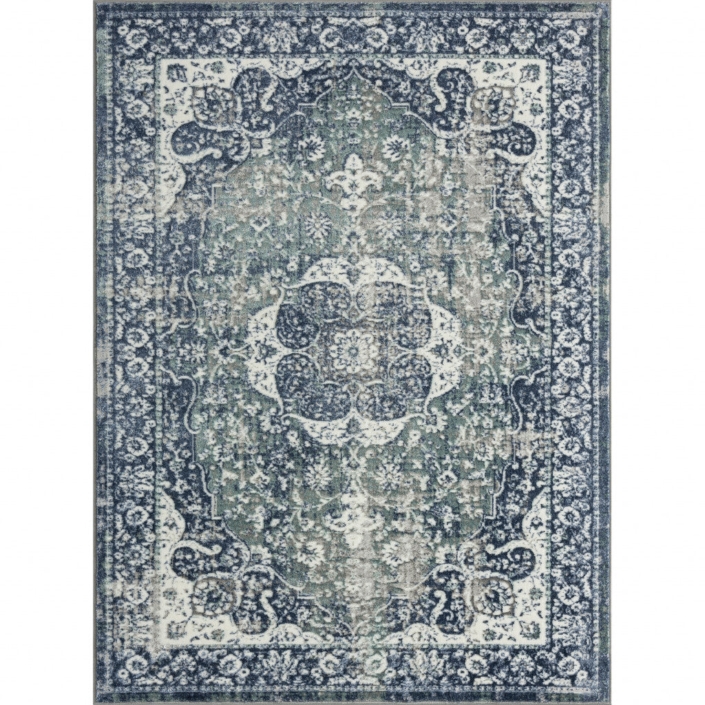 5' X 7' Blue Floral Stain Resistant Area Rug
