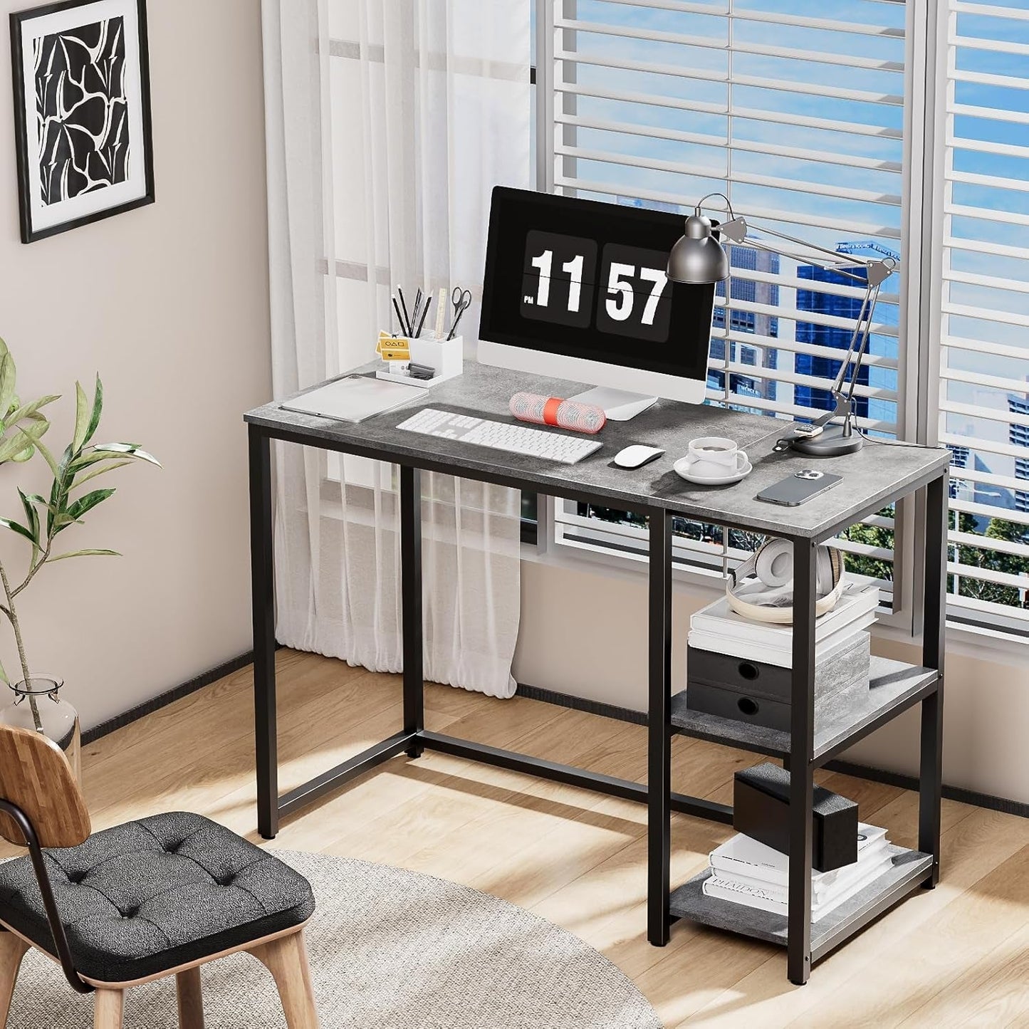 Computer Desk 40 Inch Gray With Durable Storage Shelves