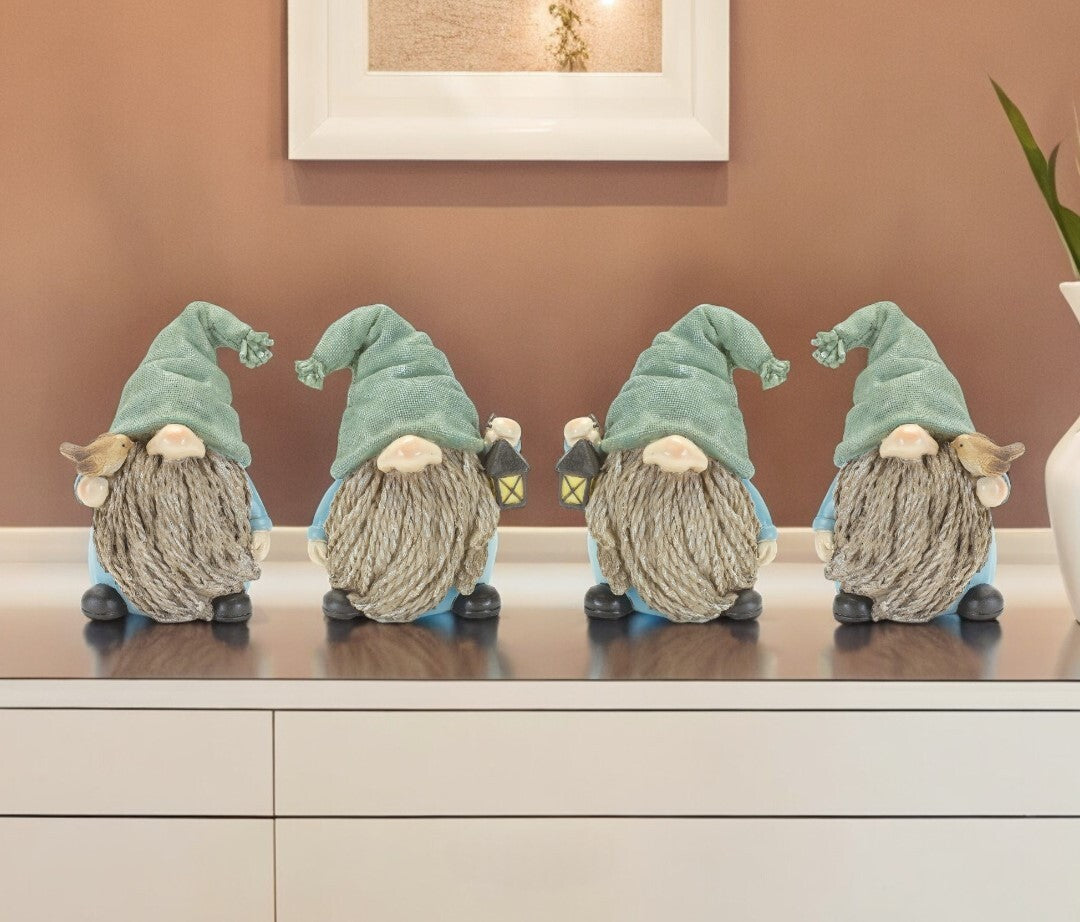 Set of Four Blue and Green Polyresin Garden Gnome Tabletop Sculptures