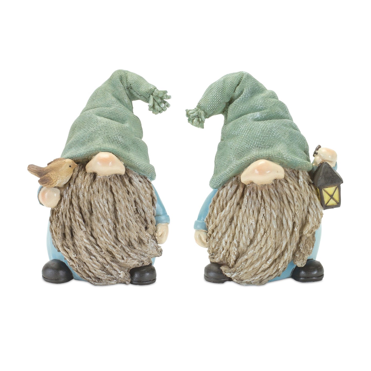 Set of Four Blue and Green Polyresin Garden Gnome Tabletop Sculptures