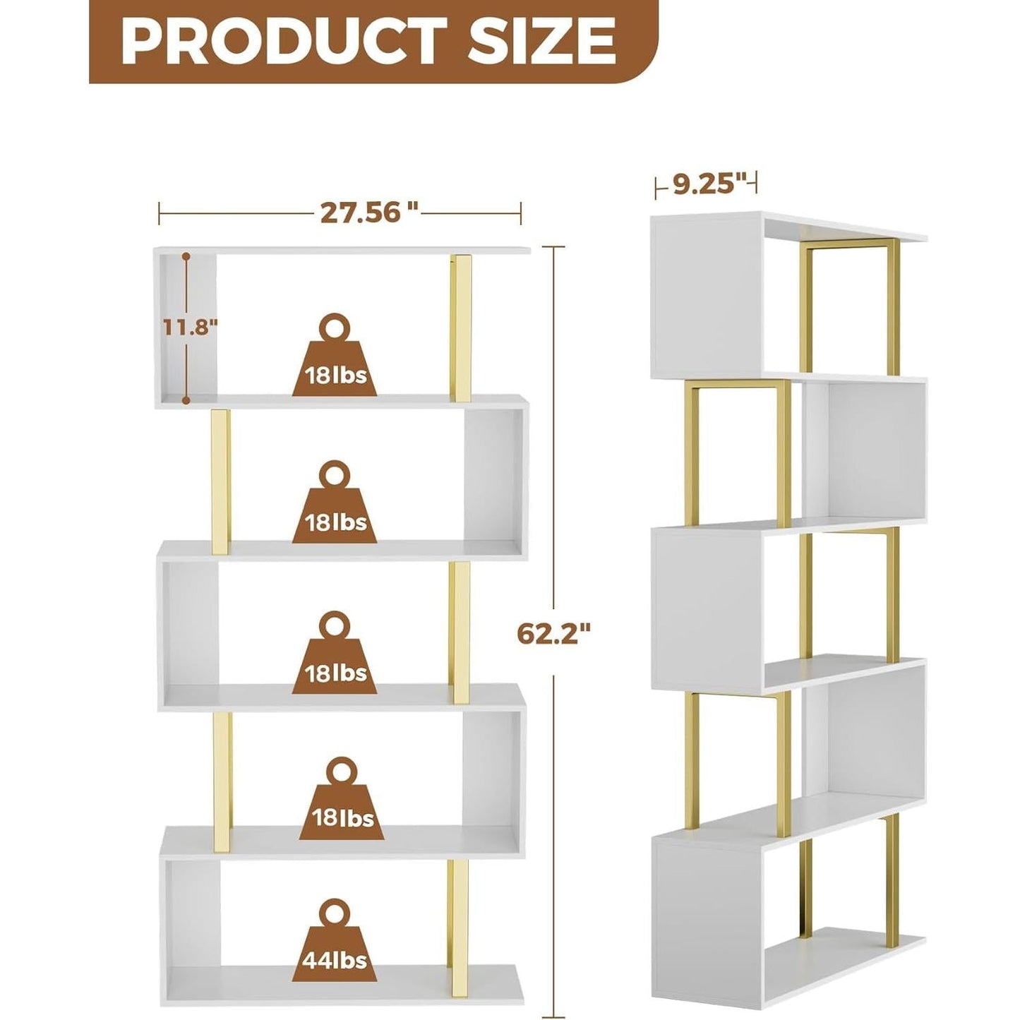 Gold 5 Tier S Shaped Wooden Bookcase For Living Room