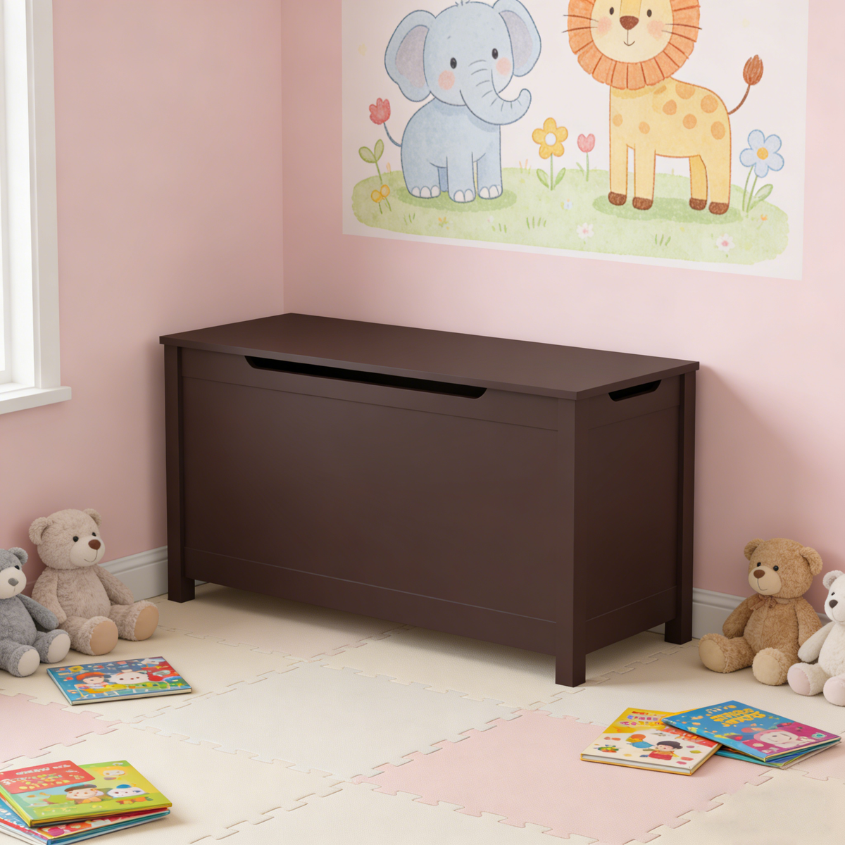 Kids Wooden Toy Box Storage with Safety Hinged Lid for Ages 2+