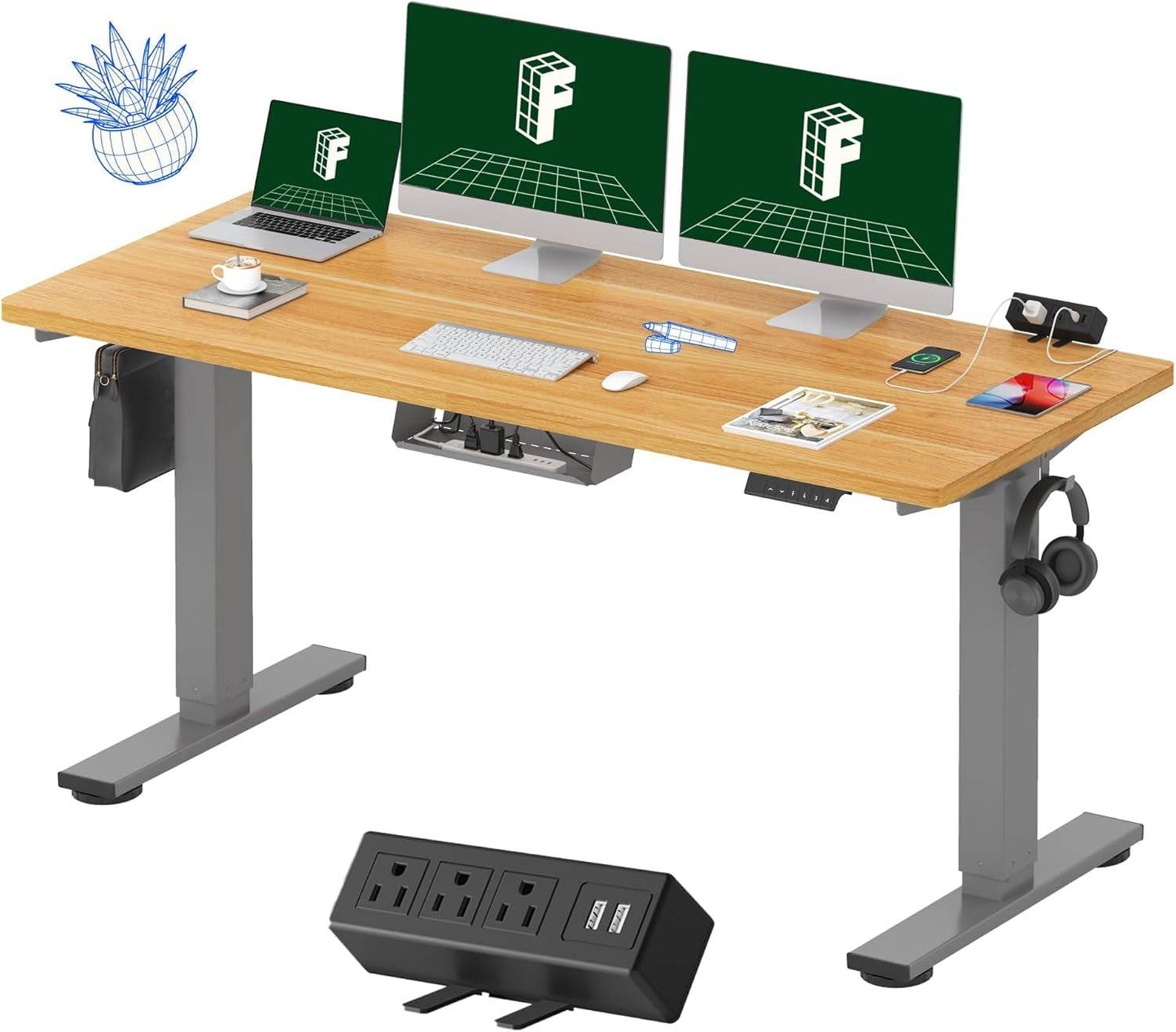 EN2 Height Adjustable Electric Standing Desk - 48"x30" with Clamp Power Strip & Cable Management (Gray Frame + Mahogany Top)
