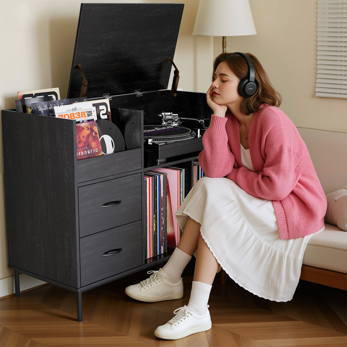 Eco-Friendly Record Player Stand with Flip-Top Storage Cabinet