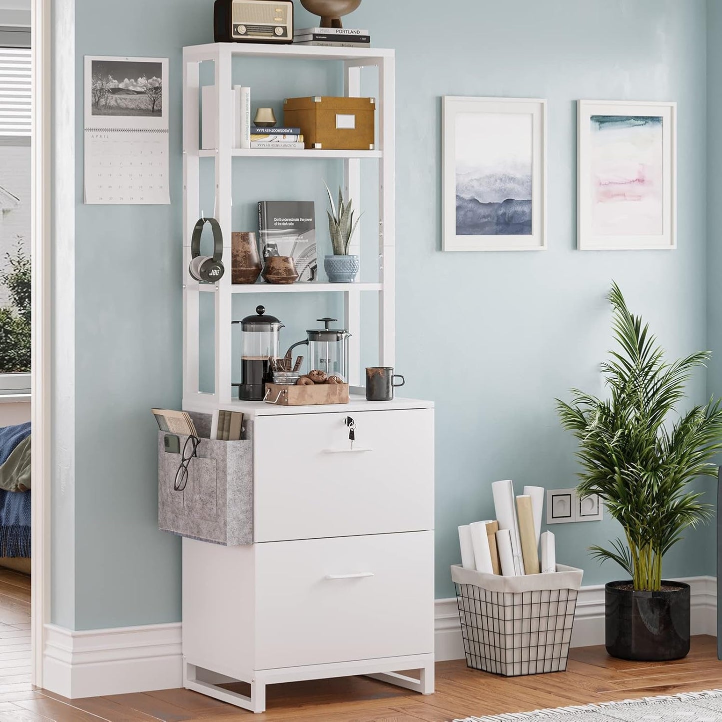 2 Drawer File Cabinet With Lock For Letter Legal A4 Folders White With Storage Bag Open Shelf And Hook