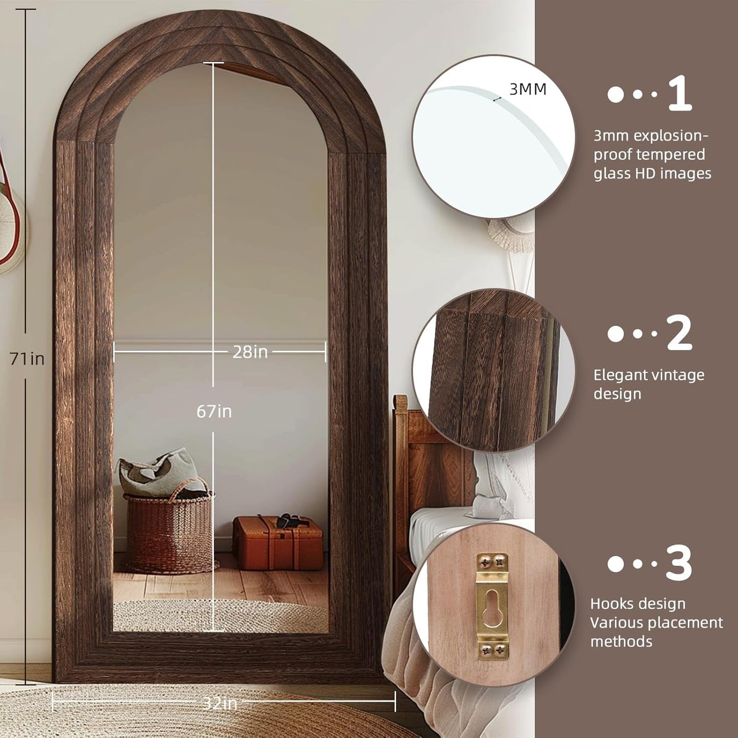 Arched Full Length Mirror 71x32 Inch Brown Solid Wood Frame
