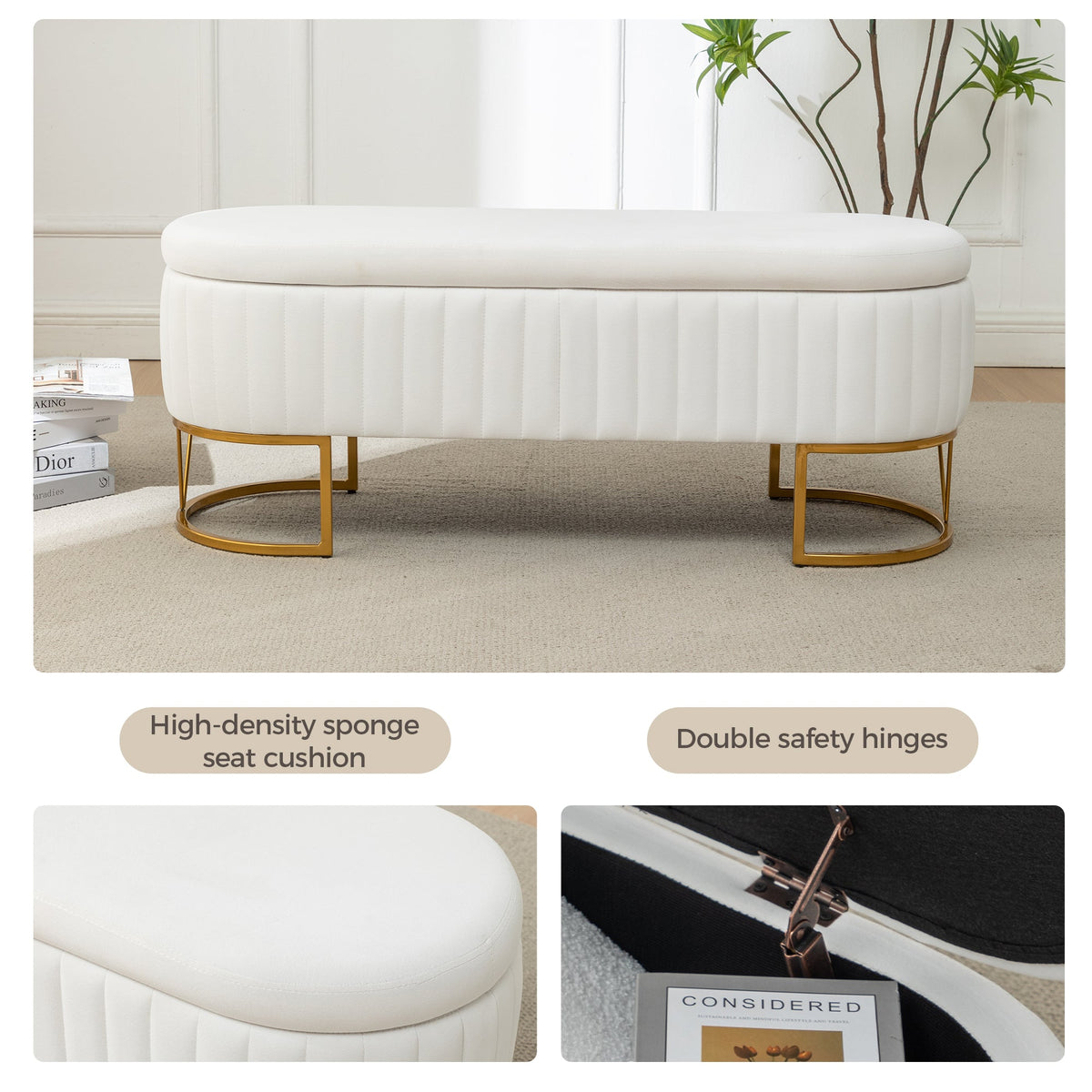 Storage Bench - Velvet Oval Upholstered Design
