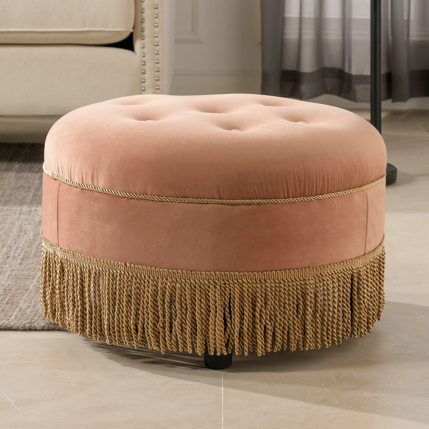 Yolanda 24" Round Upholstered Accent Ottoman, Peach