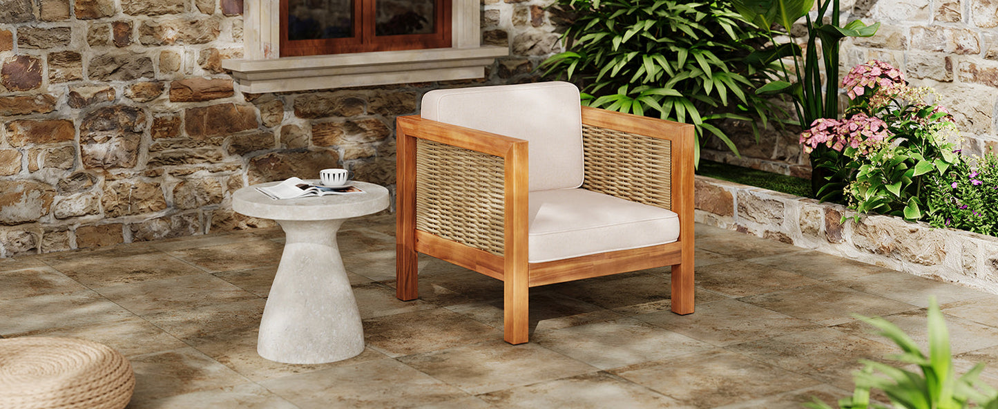 Acacia Wood Outdoor Club Chair with Wicker Armrest