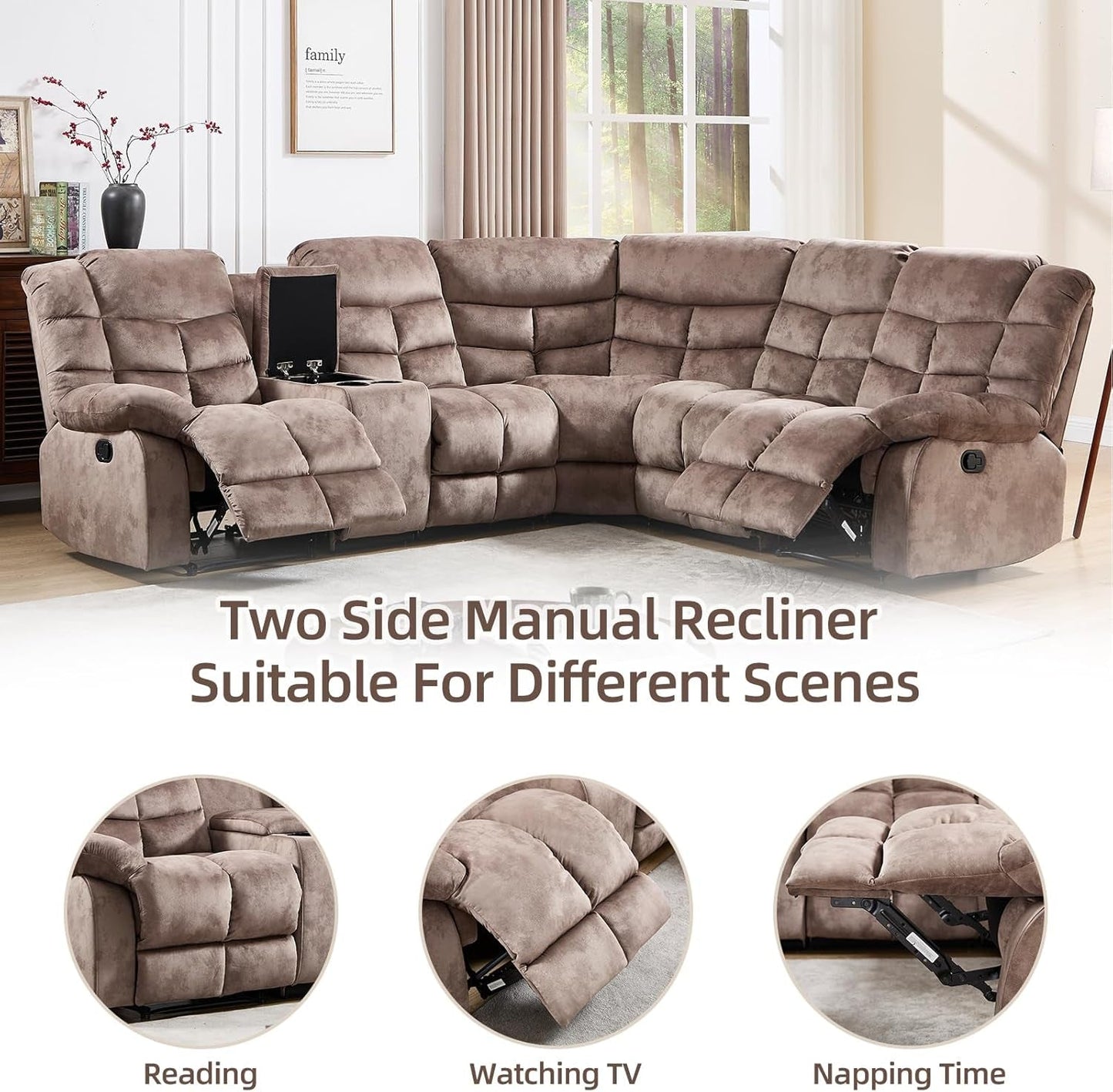 Brown Manual Reclining Sectional Sofa With Cup Holders