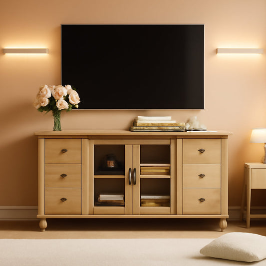 Oak Glass Door Farmhouse TV Stand For 75 Inch TVs Console